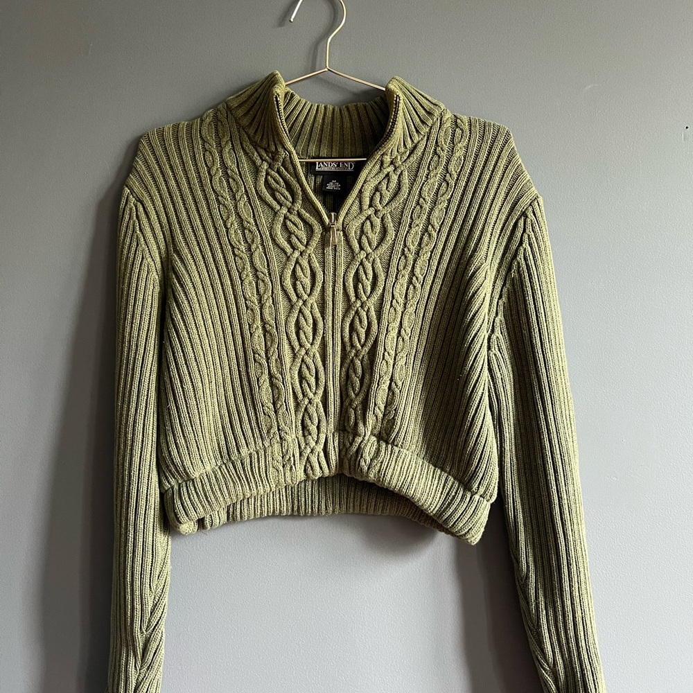 Lands' End Green Cable Knit Turtleneck Sweater